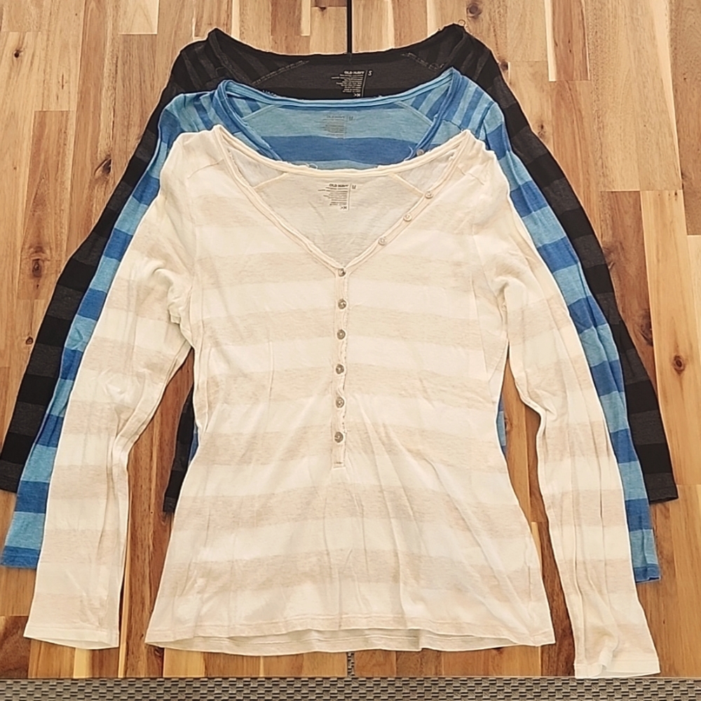 SET OF 3 Old Navy Long Sleeve Striped T-Shirts (Blue Black Oatmeal) Size S/M